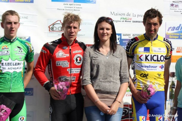 Routes du Scorff: la 1ère étape pour Tony Huet 9 le podium de l'étape de gauche à Droite, Simon Henry, Tony Huet et Sébastien Le Naour (photo Andréa Quémener)