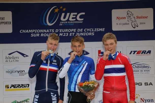 Le podium du contre la montre juniors (Photo UEC)