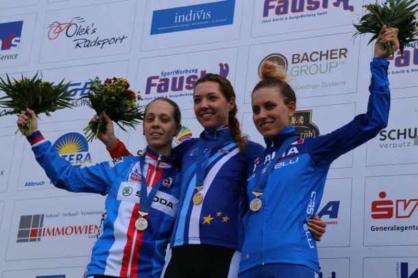 Championnats d'Europe de cyclo-cross : Eli Iserbyt chez les juniors, Sabrina Stultiens chez les espoirs Dames 8 le podium Espoirs Dames (photo UEC)