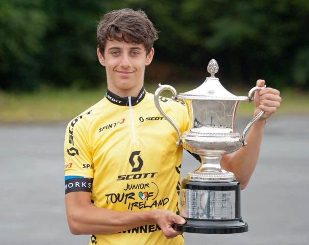 17 July 2016; Winner of the race overall Charlie Meredith of Giant Halo Team pictured with the JJ McCormack Perpetual Challenge Trophy after Stage 6 of the 2016 Scott Bicycles Junior Tour of Ireland, Ennis, Co. Clare. Picture credit: Stephen McMahon/SPORTSFILE