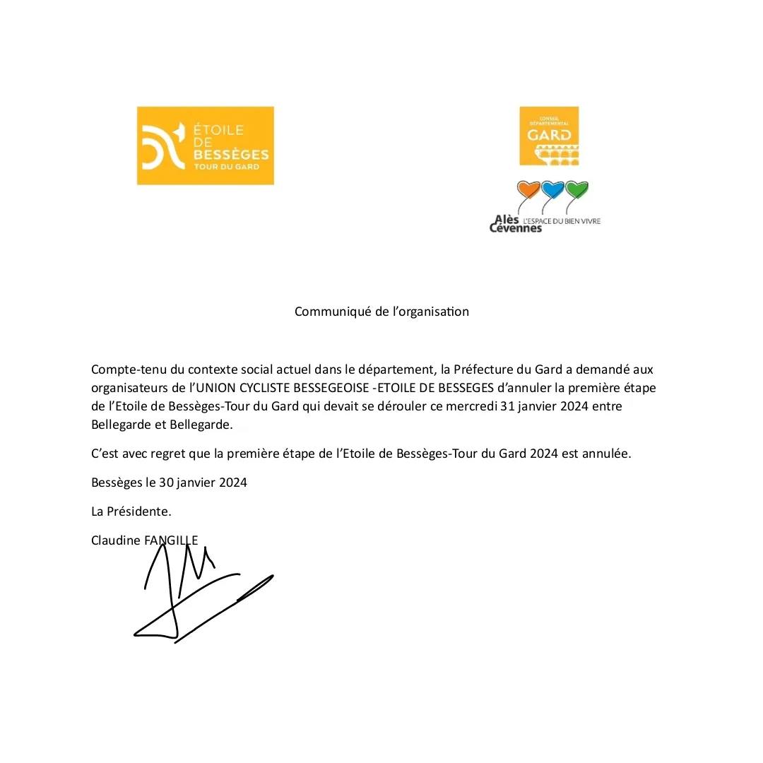 La 1ère étape de l'Etoile de Bessèges annulée en raison du mouvement des agriculteurs 7 anuo